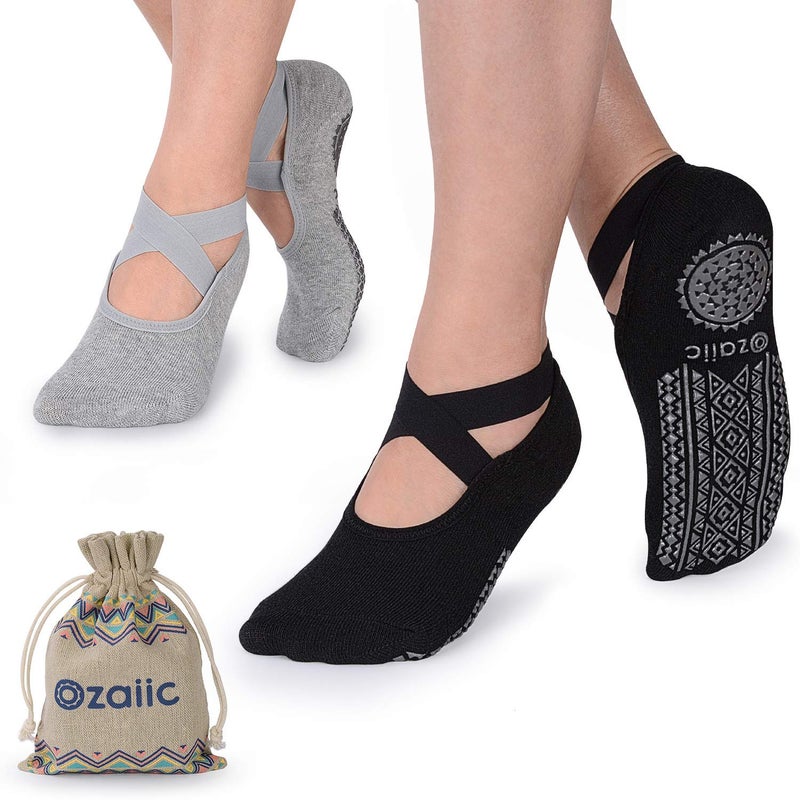 Ozaiic Pilates Socks for Women Non Slip Grip, Yoga Socks with Grippers for Barre, Hospital, Ballet, Dance, Barefoot Workout (2 Pairs- Black/Gray, one_size) - Image 1